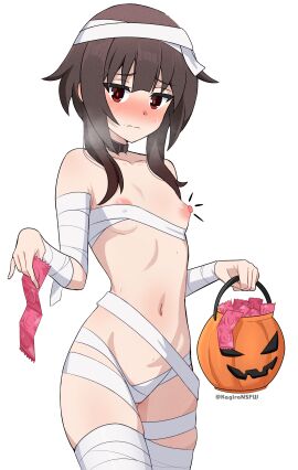 1girls blush breasts brown_hair bucket choker condom condom_wrapper costume faithful_to_the_anime female halloween holding_object kagironsfw kono_subarashii_sekai_ni_shukufuku_wo! megumin mummy nipple_bulge partially_clothed pumpkin pumpkin_bucket red_eyes short_hair small_breasts solo solo_female sweat