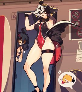 3girls bare_shoulders beach black_hair brown_eyes changing_room collar competition_swimsuit cute female kefter_(sachiko2s) keiko_(sachiko2s) kyoko_(sachiko2s) multiple_females multiple_girls one-piece_swimsuit open_jacket original original_characters pose public public_restroom sachiko sachiko_lashes standing swimsuit thighs two-tone_hair white_hair