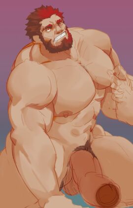 balls bara beard big_penis bighaozi boner erection facial_hair fate_(series) iskandar_(fate) male male_only muscles muscular nude penis solo solo_male yaoi