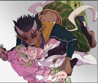 1boy 1girls after_fight before_sex braided_hair dark-skinned_male dark_skin demon demon_boy demon_slayer dominant dominant_male domination female fight green_eyes green_hair hantengu hashira horns horny horny_male human kanroji_mitsuri kimetsu_no_yaiba kissing licking light-skinned_female light_skin lying lying_on_back male male/female on_top pale-skinned_female pale_skin pink_hair red_eyes scared_expression submissive submissive_female tongue tongue_out upper_moon wound wounded yellow_eyes zohakuten