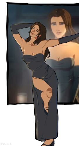 1girls 2d bare_legs beautiful big_breasts blonde_blazer blue_eyes breasts brown_hair busty c4rmen_0 clothed clothed_female color dispatch_(game) dress female female_focus female_only full_color gloves high_heels hourglass_figure long_gloves long_hair mandy_(dispatch) non-nude pinup_pose solo strapless_dress superheroine tagme thick_thighs wide_hips