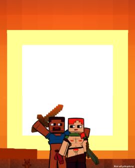 1boy 1girls alex_(minecraft) breasts cubic_breasts dune edit female male minecraft mojang reference sirwillydingdong steve_(minecraft) sun sunset