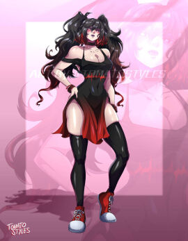 1girls abs artist_logo artist_name belly_button black_hair black_leggings blush bob_cut bracelet bracelets breasts choker dress exposed_shoulders eyelashes eyeshadow female form_fitting fringe goth goth_girl gothic gradient_dress hand_on_hip leggings lipstick looking_at_viewer looking_down looking_down_at_viewer makeup medium_breasts mommy oc open_shoulders original_character pink_background ponytails purple_eyeshadow purple_lipstick red_eyes red_hair red_sneakers round_breasts shiny shiny_breasts shiny_leggings shiny_skin shoes sneakers solo solo_focus strong_female thick_thighs tight_clothing tights tomatostyles twintails twitter_username two-tone_hair wild_hair willow