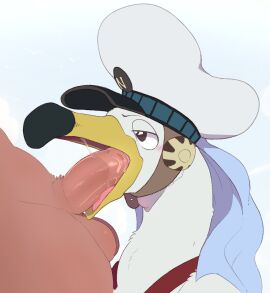 2024 ambiguous_gender avian backsash balls beak bird blush bodily_fluids clothing digital_media_(artwork) duo erection feathers fellatio feral genitals gull hat headgear headwear hi_res human humanoid interspecies lari larid male male/ambiguous male_penetrating mammal neck_bulge nude open_mouth oral penetration penile penis saliva saliva_on_penis saliva_string sex simple_background tongue white_background white_body white_feathers