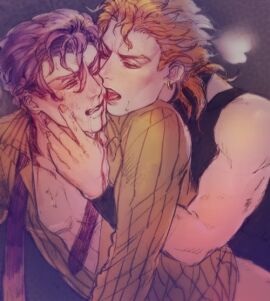 2boys angry_expression blonde_hair blood_in_mouth blush closed_eye clothed clothing color colored diamond_is_unbreakable dio_brando dominant dominant_male hand_on_face jojo's_bizarre_adventure kira_yoshikage kiradio licking light_skin male male/male male_focus male_only male_penetrating male_penetrating_male medium_hair no_text penetration sex_from_behind short_hair shy_expression stardust_crusaders submissive submissive_male vampire yaoi yoshikage_kira