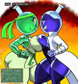 2girls anti-millie_(tansau) ass big_breasts breast_press breasts female gi glass glasses karate_gi labcoat martial_arts_uniform millie_(tansau) picarto.tv sharp_teeth tansau tansau's_lab_stream thick_thighs wide_hips