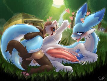 2boys anal anal_sex anthro balls biped blue_body blue_eyes bodily_fluids brown_body brown_fur brown_tail chillet detailed_background duo erection fermusieboir4 fur genitals grass hi_res hung_bottom male male/male male_penetrated male_penetrating male_penetrating_male multicolored_body open_mouth open_smile pal_(species) palworld penetration penile penile_penetration penis plant pocketpair saliva saliva_string sex small_dom_big_sub smaller_penis_but_dominant smile tail tongue tongue_out white_body white_fur