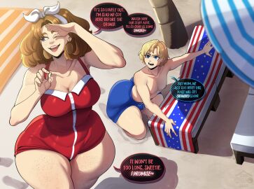 1boy 1girls 2025 alfred_webley_jr. beach beach_background big_ass big_breasts blackwhiplash blackwhiplashverse breasts dialogue english_text female femboy freckles hair_ornament hi_res high_resolution highres huge_ass large_ass large_breasts light-skinned_female light-skinned_male light_skin male married_female married_woman martha_webley_(blackwhiplash) mature mature_female milf mother_and_son original original_character original_characters pawg swimsuit text wide_hips