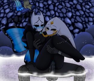 2024 5_fingers anthro areola balls black_arms black_body black_breasts black_eyes black_hair black_legs black_skin blue_areola blue_blush blue_nipples blush blush_lines breasts clothing duo eyebrows eyelashes facial_markings female fingers forehead_gem gem genitals hair harrold_(latiar) head_markings hi_res hollow_knight long_hair male male/female markings nimue_(wickedfairy) nipples nude on_lap open_mouth orange_blush partially_submerged penetration penile penile_penetration penis pussy sitting solid_eyes team_cherry tongue tongue_out vaginal_penetration vessel_(species) water wickedfairy wings