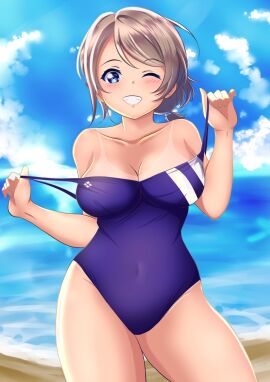 1girls blue_eyes competition_swimsuit female grey_hair love_live! love_live!_sunshine!! nanja_najav one-piece_swimsuit pointy_chin short_hair solo swimsuit tanline undressing watanabe_you wavy_hair