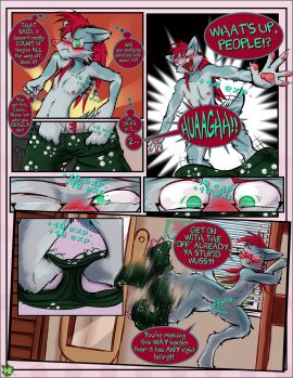 animal_genitalia animal_penis balls bedroom canid canine canine_genitalia canine_penis canis chesley_(frist) clothing comic convenient_censorship embarrassed experience_points eyewear frist44 genitals glasses hi_res hybrid kick male mammal mirror nipples nude nudist paws penis swimming_trunks swimwear undressing wolfdog