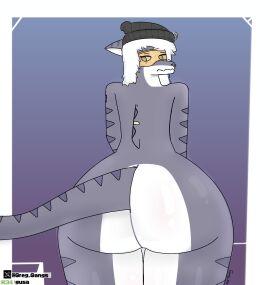 anthro ass beanie female furry furry_female googles gradient_background gusa hourglass_figure hourglass_figured_female hourglass_figured_futa nervous nude nude_female oc original original_character piercing plump_ass round_ass shaded shark_girl shark_humanoid shark_tail showing_ass snout thick_thighs tiger_shark tiger_stripes watermark white_hair