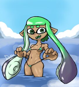 dus duskizi female flat_chest flat_chested inkling inkling_girl mesa_(dus) micro_bikini nintendo nipples nipples_visible_through_clothing original original_character smiling solo solo_female solo_focus splatoon transparent_clothing