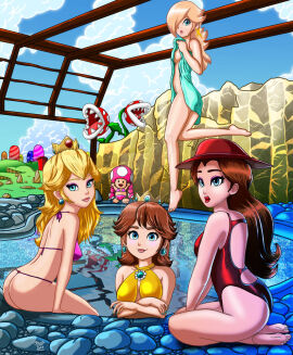 bikini blonde blonde-haired_female blonde_female blonde_hair female female_only mario_(series) multiple_females multiple_girls pauline pauline_(mario) piranha_plant princess_daisy princess_peach princess_rosalina psyviant-studios spa super_mario_bros. super_mario_galaxy super_mario_odyssey swimsuit toadette towel water