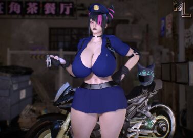 1girls 3d alleyway artist_logo asian belt big_breasts black_hair capcom choker dumpster dyed_hair fence gloves handcuffs hands_on_hips helmet helmet_with_visor highres holster juri_han korean korean_female large_breasts light-skinned_female light_skin looking_at_viewer malef1cent motor_vehicle motorcycle navel police police_hat police_uniform policewoman pose self_upload skirt street_fighter street_fighter_6 virtamate