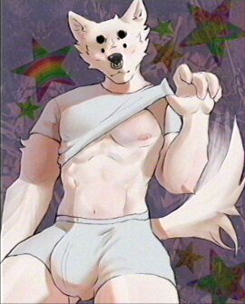 abstract_background anthro big_bulge big_penis bulge canid canine clothed clothing clothing_lift dawson_(lb3) facial_piercing fur genitals hi_res lb3 male mammal muscular muscular_male nose_piercing nose_ring penis piercing ring_piercing septum_piercing septum_ring shirt shirt_lift smile solo topwear underwear white_body white_fur