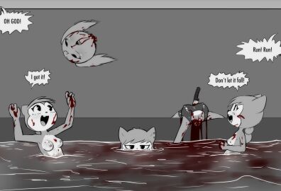 annoyed anthro ball_(object) blood_from_mouth blood_in_mouth blush bodily_fluids breasts buckteeth canid canine canis clothed clothing corpse death dialogue domestic_dog e254e ear_piercing english_text exhibitionism feet female fist fluffy fluffy_tail gore group guro hair happy hi_res horror_(theme) kary_(e254e) killing kirrel_sisters_(e254e) knife kora_(e254e) kyra_(e254e) lifeguard mammal medium_breasts natural_breasts nipple_outline nipples nosebleed nude piercing playing ponytail rodent ryona scared sciurid severed_head sibling squirrel stab swimming_pool tail teeth text topless tree_squirrel trio twins unimpressed water yelling