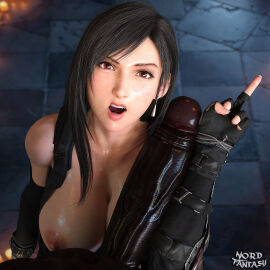 1boy 1girls 3d barret_wallace big_penis black_hair black_penis dark-skinned_male dark_skin fantasy female final final_fantasy final_fantasy_vii flipping_viewer_off forearm_cock hand_on_head high-angle_view interracial light-skinned_female light_skin long_penis looking_at_viewer middle_finger nordfantasy pale-skinned_female pale_skin partial_male penis red_eyes shiny_skin skin_contrast smooth_skin straight thick_penis tifa_lockhart vein veiny veiny_penis