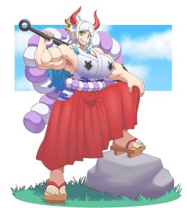big_breasts breasts commission fanart female female_focus female_only muscular muscular_arms muscular_female one_piece oni oni_female oni_horns tag-a-long two-tone_hair white-haired_female white_hair yamato_(one_piece)