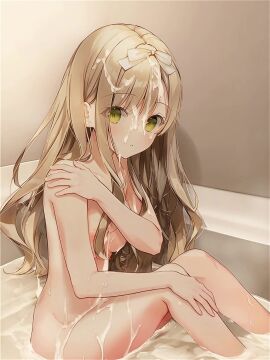 ai_assisted ai_generated ai_video animated areolae ass bathing bathtub blush breasts brown_hair collarbone completely_nude cum_bath cum_drip fondling green_eyes hair_ribbon highres in_bathtub long_hair looking_at_viewer medium_breasts navel nipples nude sitting sound sweat tagme thighs third-party_edit video weri wet