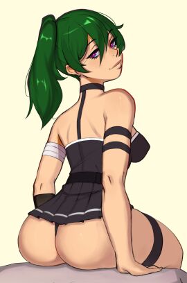 1girls 2024 2d 2d_(artwork) arm_strap armwear ass ass_focus back back_view big_ass black_skirt breasts clothed clothed_female clothing female female_only green_hair hair huge_ass human human_only kaimecha light-skinned_female light_skin looking_at_viewer looking_back medium_hair no_sex ponytail purple_eyes sideboob sitting skirt smile smiling_at_viewer solo solo_female sousou_no_frieren teenage_female teenager thigh_strap thighs ubel_(sousou_no_frieren)