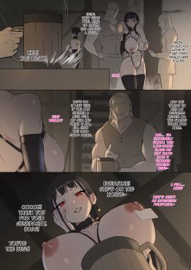 2girls 3boys arm_sleeves bangs beer_mug bell black_hair bondage breast_grab breasts comic dawalixi english_text faceless_male female male multiple_boys multiple_males nipple_piercing nipple_ring nipple_tag nipples piercing red_eyes skindentation skyrim slave tag thighhighs voluptuous