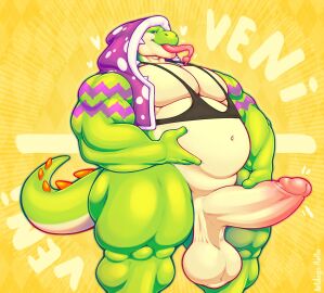 anthro balls bedroom_eyes belly big_balls big_belly big_penis clothing erection genitals half-closed_eyes heart_symbol hi_res hoodie hotdogsauau huge_balls huge_cock humanoid_genitalia humanoid_penis long_tongue male mario_(series) muscle_tone musclegut muscles muscular muscular_anthro muscular_male narrowed_eyes nintendo pecs penis seductive shirt simple_background smile solo tank_top tongue tongue_out topwear yellow_background yoshi