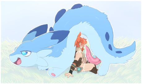 2024 animal_genitalia animal_penis anthro backsash big_penis blue_body blue_eyes bodily_fluids bottomless breasts chillet clothed clothing cum cum_in_hair cum_on_body digital_media_(artwork) duo erection female feral fur genital_fluids genitals grass hair hi_res human interspecies male male/female mammal mythological_creature mythology nude open_mouth outside pal_(species) pal_tamer palworld pawpads paws penis plant pocketpair precum pubes pubes_exposed red_hair shirt simple_background size_difference smile tail tapering_penis tongue topwear white_body white_skin zoophilia