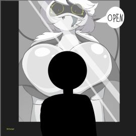 1girls 2d alternate_version_at_source alternate_version_available big_breasts boob_window breasts cleavage english_text fanart female glitch_productions hi_res humanoid large_breasts looking_at_viewer mrburger2t murder_drones robot robot_girl robot_humanoid screen_face short_hair talking text v_(murder_drones) white_hair yellow_eyes