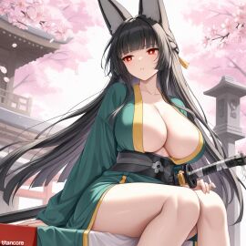 (titancore) ai_generated beautiful_females black_hair cherry_blossoms cherry_blossoms_pedal_falling cherry_blossoms_tree curvy_figure female fox_ears fox_girl fox_humanoid girl hoshimi_miyabi huge_breasts katana kimono kitsune long_ears long_hair meditation monster_girl my_lady red_eyes revealing_clothes shrine shrine_maiden video_game_character zenless_zone_zero