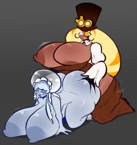 1futa 1girls 2d 2d_(artwork) ass blonde_hair blue_body breasts cookie_run cookie_run_kingdom cookie_run_ovenbreak dark-skinned_futa dark_skin doggy_style doodle eyewear female floppy_breasts frilled_jellyfish_cookie futanari gloves grabbing_ass grey_background hat hyper hyper_ass hyper_breasts intersex jellyfish moonrainum pants_down penetration timekeeper_cookie topless