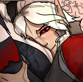 1boy 1girls big_breasts black_hair breasts_bigger_than_head claws dress face_on_breast formal formal_wear glowing_eyes grabbing_arm grin grinning grinning_at_viewer head_on_breasts league_of_legends leblanc leblanc_(rework) looking_at_viewer mage noxus out_of_frame pale-skinned_female pale_skin riot_games sketch smug smug_face smug_grin twink vampire vladimir_(league_of_legends) white_hair