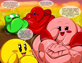 5boys ambiguous_prey anger_symbol angry green_skin kirby kirby_(series) kirby_and_the_amazing_mirror male male_only male_pred male_prey meta_knight nintendo pink_skin red_skin stomach_bulge tepigfan101 text text_bubble vore vore_belly waddling_head yellow_skin