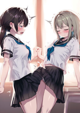 2futas absurdres arm_support ayanakitori black_hair black_skirt blonde_hair blue_neckerchief blush breasts clothed clothing compare_cocks cum_through_clothes dicks_touching duo ejaculation_under_clothes erection_under_clothes female frottage futa_on_futa futa_only futa_with_futa futanari grey_hair highres holding_hands human interlocked_fingers intersex light-skinned_futa light_skin long_hair medium_hair mostly_clothed multiple_females multiple_girls neckerchief original penis penises_touching school_uniform serafuku shirt short_sleeves skirt standing sweat tenting textless_version twintails white_shirt
