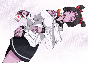 2021 5_eyes big_breasts breasts clothed clothing donut female lemonbizate_(artist) looking_at_viewer milk_carton monster_girl muffet multi_eye school_uniform schoolgirl spider spider_girl spider_web undertale undertale_(series)