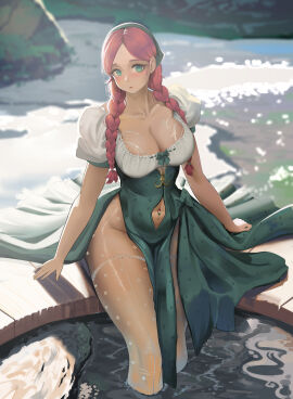 1girls big_breasts blush breasts busty child_bearing_hips cleavage female green_eyes isher_(liangzi_tai_hongcha) large_breasts liangzi_tai_hongcha navel navel_piercing oc original original_character parted_lips red_hair sexy sexy_pose toned twin_braids voluptuous