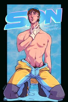 1boy 1boys auburn_hair black_shoes blue_eyes bulge bulge_under_clothes cpt_kyew dispatch_(game) gloves hand_on_neck happy_trail kneeling looking_at_viewer male male_only pecs pectorals pink_nipples pubes semi_nude shirtless shirtless_male skinny solo solo_male swimming_goggles swimsuit swimwear waterboy_(dispatch) wet wet_body wet_hair white_gloves