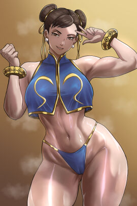 1girls absurdres bare_shoulders blue_panties blue_shirt bracelet breasts brown_eyes brown_hair cameltoe capcom chun-li clenched_hand commentary contrapposto crop_top crop_top_overhang double_bun earrings english_commentary female gluteal_fold gold_ribbon gold_trim hair_bun hair_ribbon highleg highleg_panties highres jewelry large_breasts linea_alba looking_at_viewer navel panties pussy ribbon shirt short_hair sleeveless sleeveless_shirt smile solo steaming_body stomach street_fighter stud_earrings thick_thighs thighs toned toned_female underwear v witlessfrawn