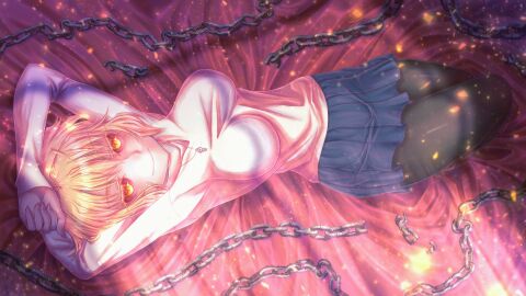 ahoge alternate_breast_size arcueid_brunestud ass big_breasts blonde_hair breasts breasts_bigger_than_head broken_chain chains color curvy dark_persona female hands_behind_head hips huge_breasts inviting isurugiratone large_breasts laying_down looking_at_viewer melty_blood necklace pantyhose pantyhose_down presenting red_arcueid red_eyes resting shapely short_hair skirt smug sweater thick thick_legs thick_thighs top_heavy tsukihime tsukihime_(remake) type-moon vampire vampire_girl wide_hips yellow_sclera