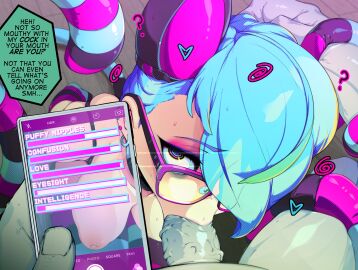 absurd_res animal_humanoid areola attribute_slider blowjob blowjob_only blue_hair breasts cat_humanoid dialogue erection eyewear felid felid_humanoid feline feline_humanoid female genitals glasses hair heart_symbol hi_res humanoid male mammal mammal_humanoid mind_control nipples oral oral_penetration penetration penile penile_penetration penis slugbox speech_bubble vomi_agogo