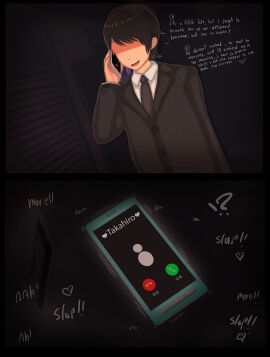 1boy 2koma 3d absurd_res absurdres background_character brown_hair calling cheating cheating_girlfriend clueless comic cuckold dialogue english_text female formal hi_res high_resolution highres implied_sex male netorare ntr original phone ringing_phone text uniform vyrus_smith