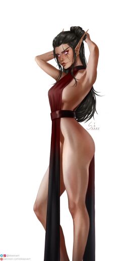 1girls blood_elf bottomless breasts clothed clothed_female curvy curvy_body curvy_female curvy_figure curvy_hips curvy_thighs dark_hair dress elf female female_only hips legs light-skinned_female light_skin loincloth looking_at_viewer pale-skinned_female pale_skin pose posing purple_eyes solo thighs warcraft world_of_warcraft wow