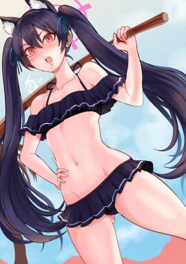 1girls abydos_high_school_student animal_ears ass_visible_through_thighs bare_midriff bare_thighs bikini black_bikini black_hair black_swimsuit blue_archive breasts female female_only foreclosure_task_force_(blue_archive) hair_between_eyes hand_on_own_hip long_hair midriff red_eyes revolverwingstudios serika_(blue_archive) serika_(swimsuit)_(blue_archive) small_breasts solo swimsuit thighs twintails very_long_hair weapon