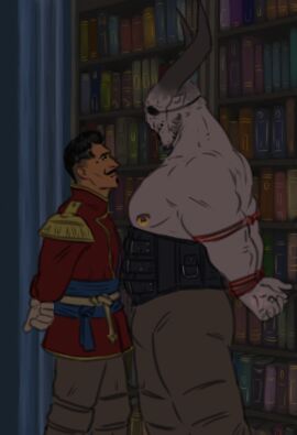 2boys animated animation anthro bald bara beard_stubble beauty_mark biceps black_hair book books bookshelf bulge bulge_grab canon_couple clothed clothed_male clothing couple dark-skinned_male dark_hair dark_skin dominant_male domination dorian_pavus dragon_age dragon_age_inquisition duo eyepatch eyewear facial_hair gay gay_male grabbing_bulge grey_body grey_skin half-dressed half_naked hand_on_bulge horn horns human iron_bull mage male male/male male_only mole moustache muscles muscular muscular_male nipple_piercing nipple_play nipples pansexual_male pants pecs piercing qunari rope rope_bondage shirtless shirtless_male size_difference sometrashland standing standing_position stubble submissive submissive_male tied_hands video_games yaoi