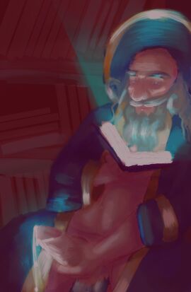 blue_eyes blue_hat book bookshelf cum fuzzball49 grey_beard grey_hair greybeard_the_old male masturbation older_male robe robe_only thick_thighs vesteria