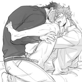 2boys blush closed_eyes clothed_sex diamond_is_unbreakable dilf gay jojo's_bizarre_adventure jotaro_kujo kunifusa looking_pleasured male male/male male_only male_penetrated male_penetrating_male noriaki_kakyoin penetration stardust_crusaders yaoi