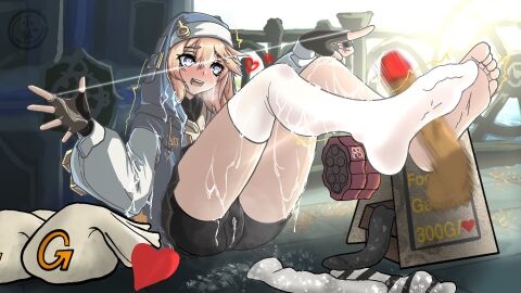 1boy blonde_hair blue_eyes bridget bulge clothed clothed_male crossdressing crossdressing_male cum cum_on_legs femboy foot_fetish footjob guilty_gear heart-shaped_pupils heart_eyes light-skinned_male light_skin male male_focus male_only penis penis_outline sockjob socks trans_woman transfem trap white_legwear white_stockings