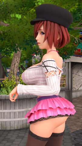 3d alternate_ass_size alternate_breast_size alternate_costume ass big_ass big_breasts breasts female hat kairi kingdom_hearts outside pinup red_hair skirt stockings tagme usbsantiago
