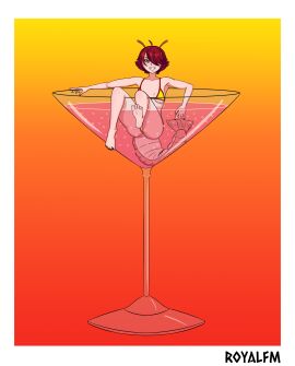 1girls antennae_(anatomy) bikini black_nails cocktail cocktail_glass colored_hair confident female oc original_character red_eyes red_hair royalforcemeat sharp_teeth shrimp shrimp_tail smile swimsuit