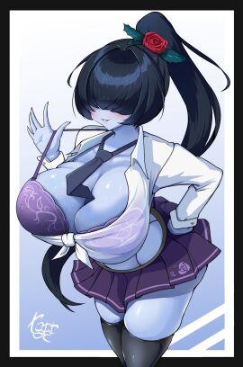 alternate_costume black_islay explosive_darkness blush center_opening collared_shirt duel_masters gyaru hand_on_hip lingerie_bra pulled_by_self pulling_clothing signature smile thighhighs white_shirt